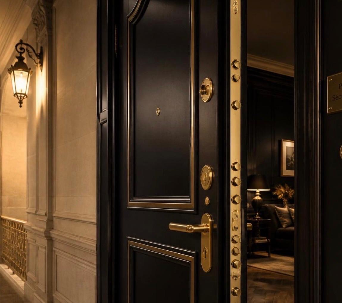 Porte blindée noire haussmannienne avec cylindre haute sûreté et ferrures en laiton